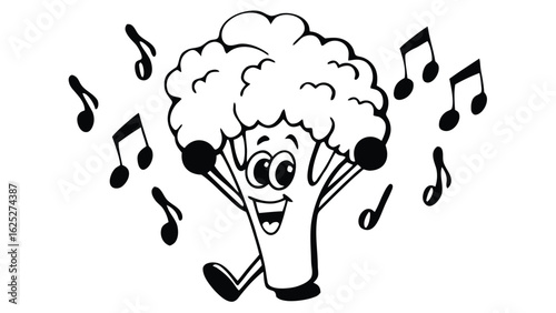 Cartoon broccoli character dancing happily surrounded by musical notes in a black and white illustration