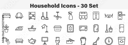 Household 30 Set Line Art icons Collections Vector Illustration. Household Chores and Home Appliances Icon Set