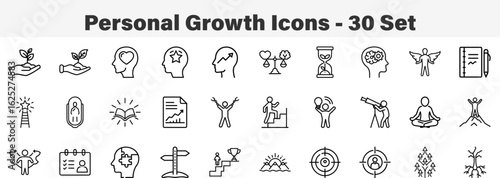 Personal Growth 30 Set Line Art icons Collections Vector Illustration. Personal Growth and Self Development Outline Icons