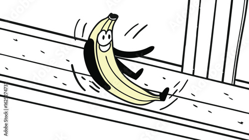 A cartoon banana with a smiling face and limbs sliding down a ramp in a black and white illustration style