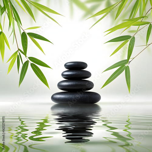Zen stones stacked in water with bamboo leaves overhead