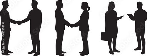 Man and Woman Silhouette Discussing Business Ideas – Vector Illustration, Silhouette of a confident man and woman engaged in business discussion. Minimalist vector style.