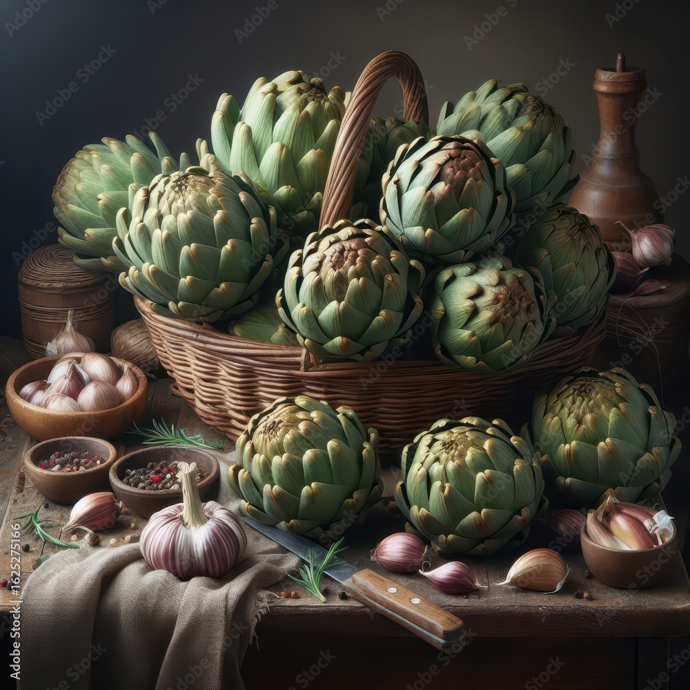 Fototapeta premium Still life with artichokes in a basket, garlic bulbs, wooden bowls with pepper, rosemary, knife and linen cloth on a wooden table, dark background. Rustic kitchen setting