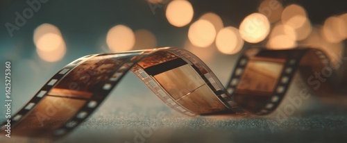 The film reel elegantly twists with sparkling lights in the background.