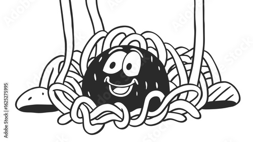 A cartoon illustration of a smiling meatball character surrounded by spaghetti noodles in black and white
