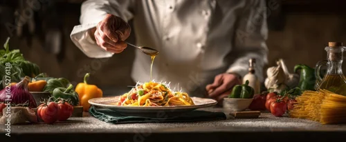 Panel kuchenny z motywem The chef artfully garnishing a delicious plate of pasta in a rustic kitchen.