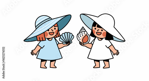 Cute Cartoon Vector SVG Illustration of Two Girls in Summer Dresses with Large Sun Hats Holding Shells in Modern Flat Style with Bright Colors