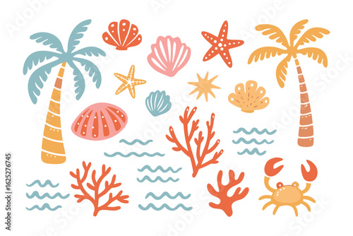 Tropical Marine Elements: Delightful array of hand-drawn coral, starfish, seashells, crab, palm trees, and wave representing tropical marine elements for summer design concept. 