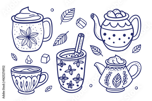 Artistic Tea Time: A stylized illustration showcases an array of charming tea-related items, perfect for evoking a sense of warmth and tranquility.