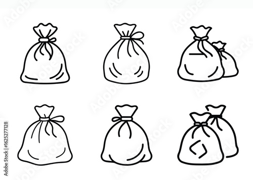 Collection of simple drawstring sack icon designs in various shapes and sizes
