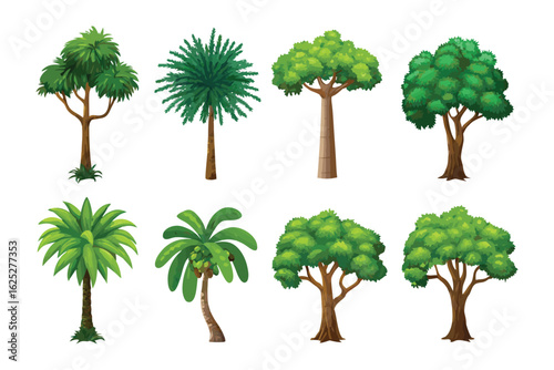 Diverse Tree Collection: An illustrative compilation of eight distinct tree species, showcasing varying shapes, sizes, and foliage.