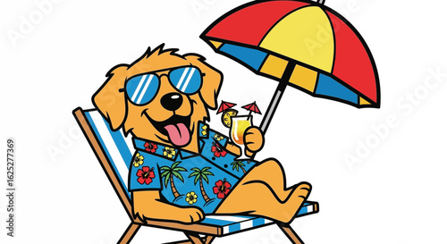 Illustration Vector SVG of a Dog Relaxing on a Beach Chair with Umbrella in Modern Flat Style Featuring Bright Colors and Tropical Theme