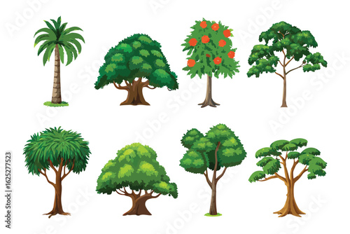 Diverse Trees: A vibrant collection of meticulously illustrated trees showcasing a diverse array of shapes, sizes, and foliage, creating a scene rich in botanical detail and natural beauty.