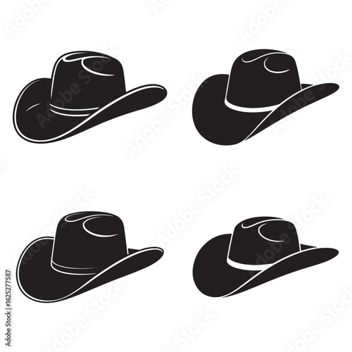 Four black cowboy hats in different perspectives western