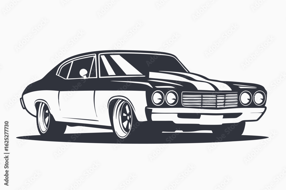 Naklejka premium Black and white muscle car with racing stripes evokes vintage power and style