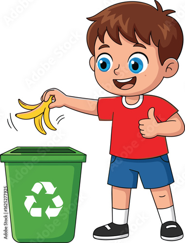 Happy boy throwing banana peel into recycling bin, waste management, eco-friendly child, cartoon illustration, environmental awareness, green lifestyle habit