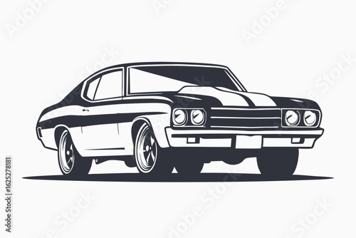 A classic muscle car shows monochrome style and vintage design on light background