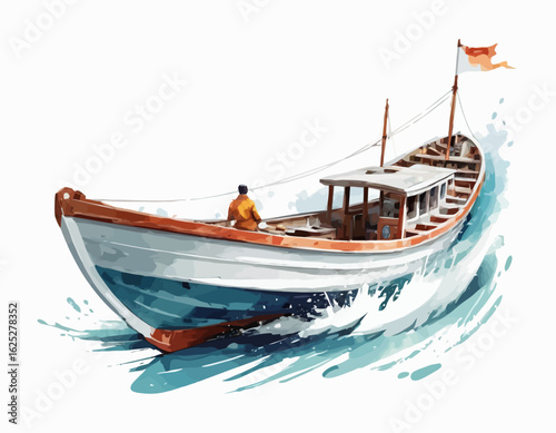 A bright orange and blue boat is shown tipping precariously in the middle of a turbulent, choppy sea with large blue waves and white foam, with several seagulls flying overhead in the clear sky (2)