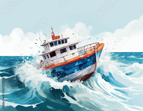 Fotografie A bright orange and blue boat is shown tipping precariously in the middle of a t