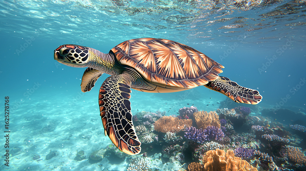 Obraz premium Sea Turtle Swimming Gracefully Over a Vibrant Coral Reef Ecosystem in Clear Water