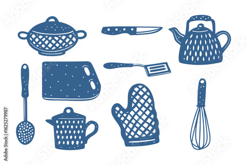Kitchen Utensils: A collection of charming, hand-drawn kitchen utensils including a teapot, knife, spatula, and more, creating a cozy and inviting atmosphere.