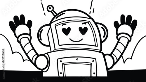 A cartoon robot with heart eyes and raised arms in black and white outline illustration style design art