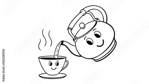 A charming cartoon illustration of a teapot pouring liquid into a cup with smiling faces and steam rising up