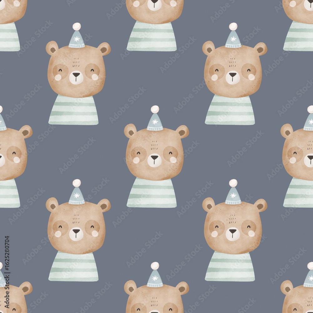 Fototapeta premium holiday Seamless pattern with cartoon bear, decor elements. flat style. hand drawing. Baby design for fabric, textile, print, wrapper.