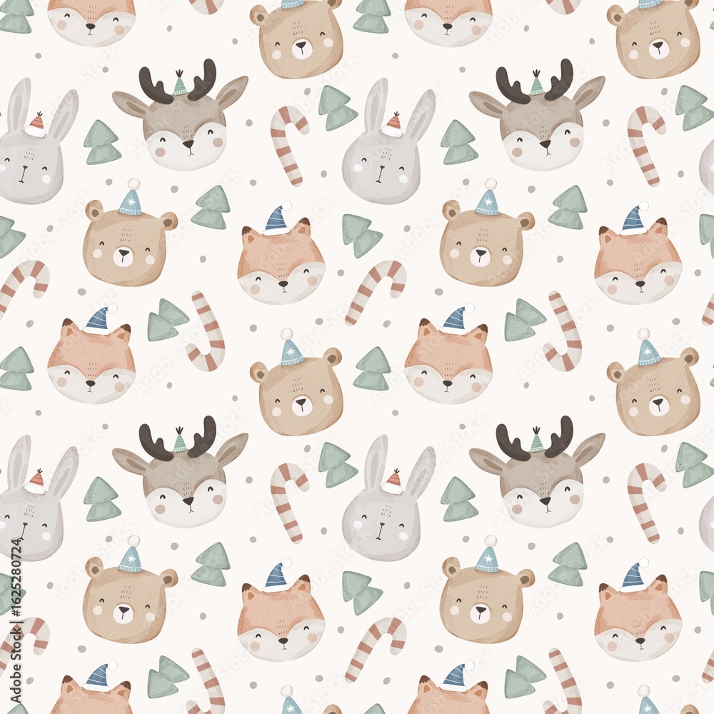 Obraz premium holiday Seamless pattern with cartoon animals, christmas trees, decor elements. flat style. hand drawing. Baby design for fabric, textile, print, wrapper.