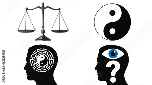 Black and white illustration of scales yin yang symbol and human heads with question mark and maze