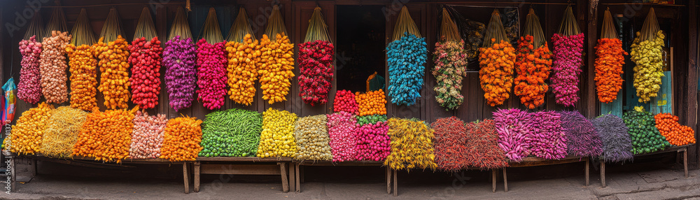 Fototapeta premium Colorful display of fresh fruits and vegetables at market