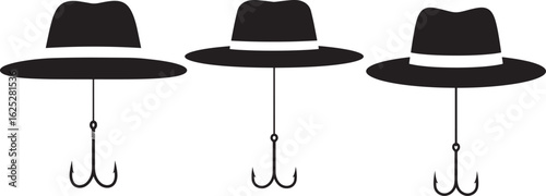 Three fishing lures shaped like hats silhouette