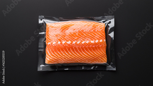 Fresh Raw Salmon Fillet in Vacuum Packaging on Dark Background Top View