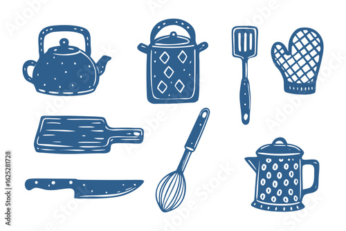 Kitchen Utensils and Cookware: A collection of blue kitchen essentials includes a teapot, cooking pot, spatula, oven mitt, chopping board, whisk, knife.
