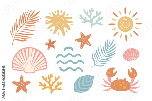 Whimsical Coastal Collection: An assortment of sun-kissed seashells, starfish, and other coastal elements against a soft background. Evoking a sense of summer bliss and seaside serenity.