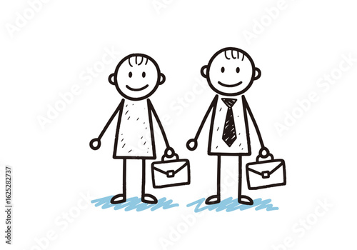 Two smiling stick figures holding briefcases in simple style  