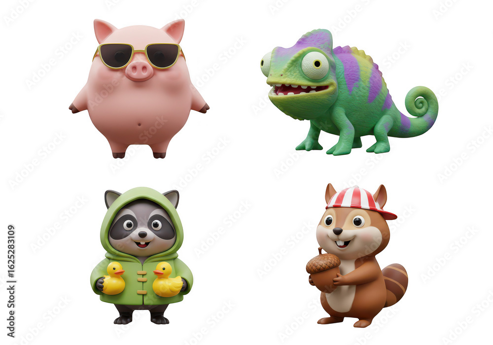 Naklejka premium Photo of a whimsical group of cartoon animal figures including a pig, chameleon, raccoon, and squirrel isolated on transparent background