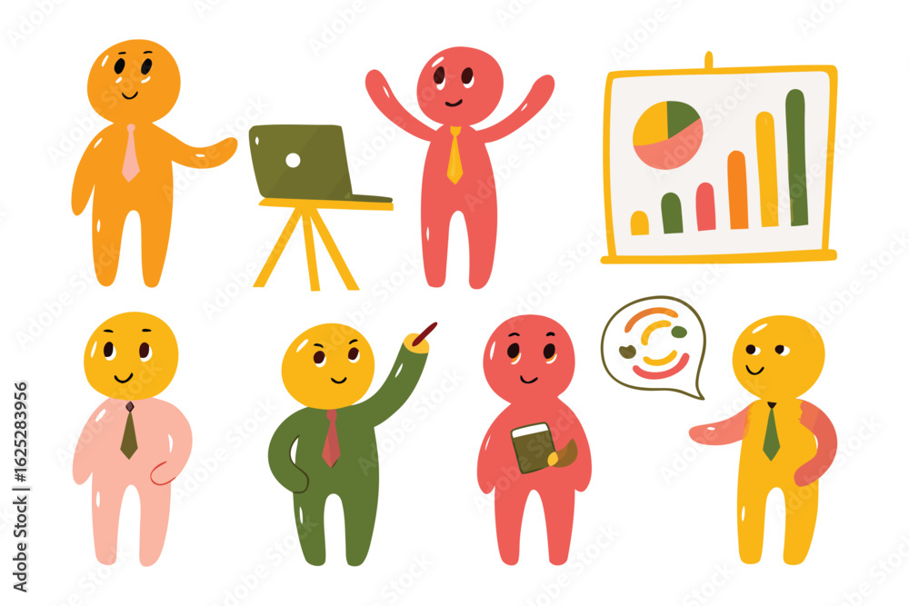 Fototapeta premium Business Cartoon Figures: A set of whimsical cartoon figures, embodying the various aspects of business activities, complete with props, and diverse expressions.