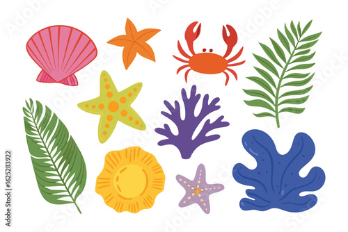Oceanic Wonders: A vibrant collection of illustrated marine life, featuring a colorful crab, starfish, seashell, coral, and various sea plants. Explore the fascinating world beneath the waves!