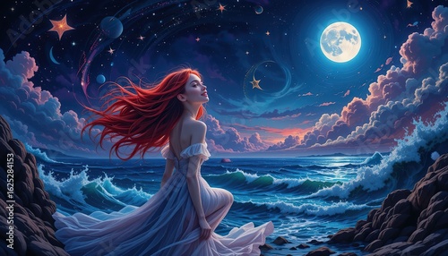 happy red haired beauty, space, magical, wandering and imaginary world, neon light art, night darkness, moonlit seas, clouds, moon, stars, colorful, detailed illustration from a fairy tale book