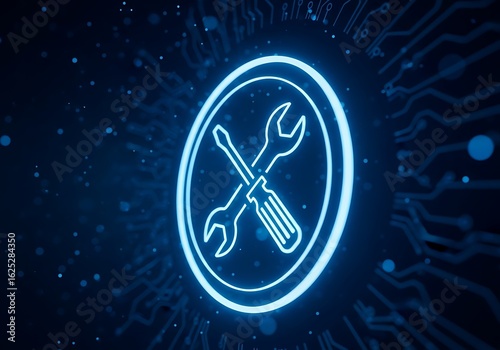 Glowing blue neon wrench and screwdriver icon symbolizing technical support and repair services on a digital circuit board background