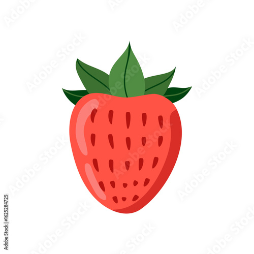 Strawberry single icon element. Red strawberry with leaves on white background. Juicy summer berry. Vector illustration.