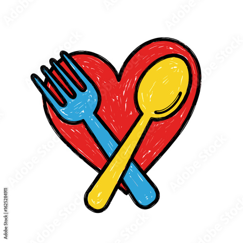 Cutlery fork and spoon crossing inside a red heart shape  