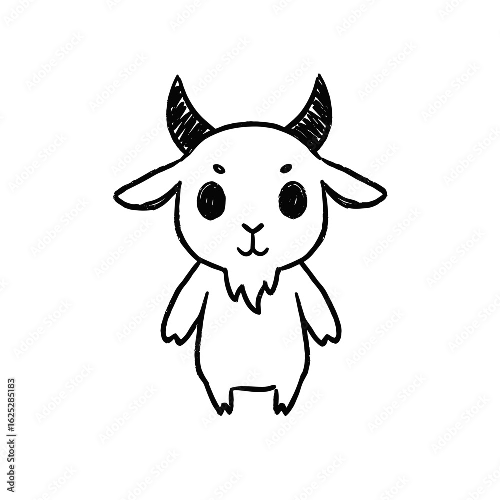 Cute hand-drawn goat character with horns and playful expression  