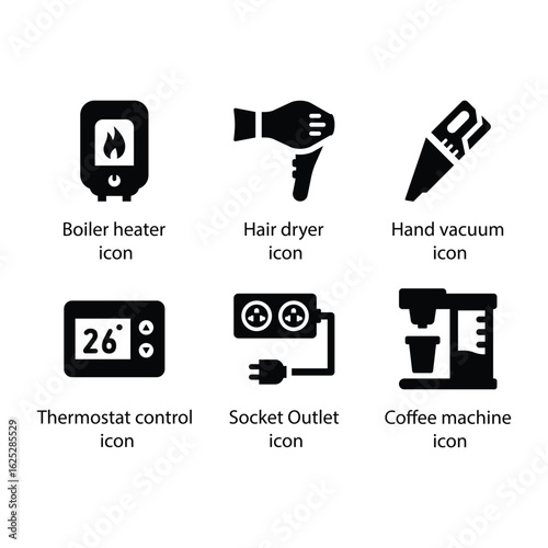 Boiler heater, Hair dryer, Hand vacuum, Thermostat control, Socket Outlet, Coffee machine, icon