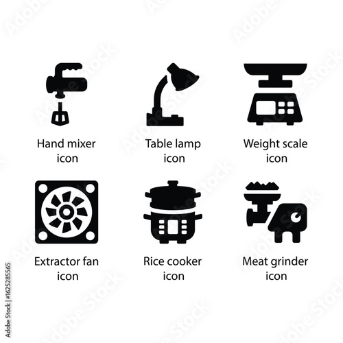 Hand mixer, Table lamp, Weight scale, Extractor fan, Rice cooker, Meat grinder, icon