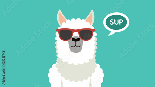 Llama wearing sunglasses with a speech bubble, exuding a cool and playful vibe..eps