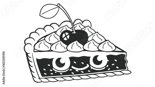 A slice of pie with a cherry on top and whipped cream in black and white line drawing illustration art