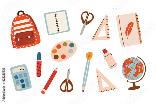 School Supplies: A colorful array of essential school supplies artfully arranged, perfect for any back-to-school project or educational concept.