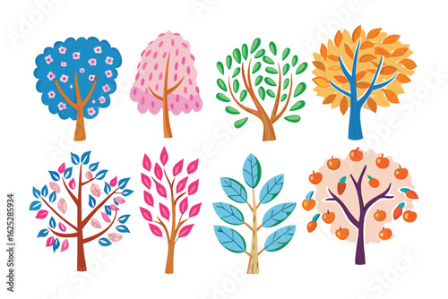 Whimsical Tree Collection: A charming illustration showcases an array of stylized trees with vibrant foliage, celebrating the beauty of nature through different seasonal colors and leaf shapes.